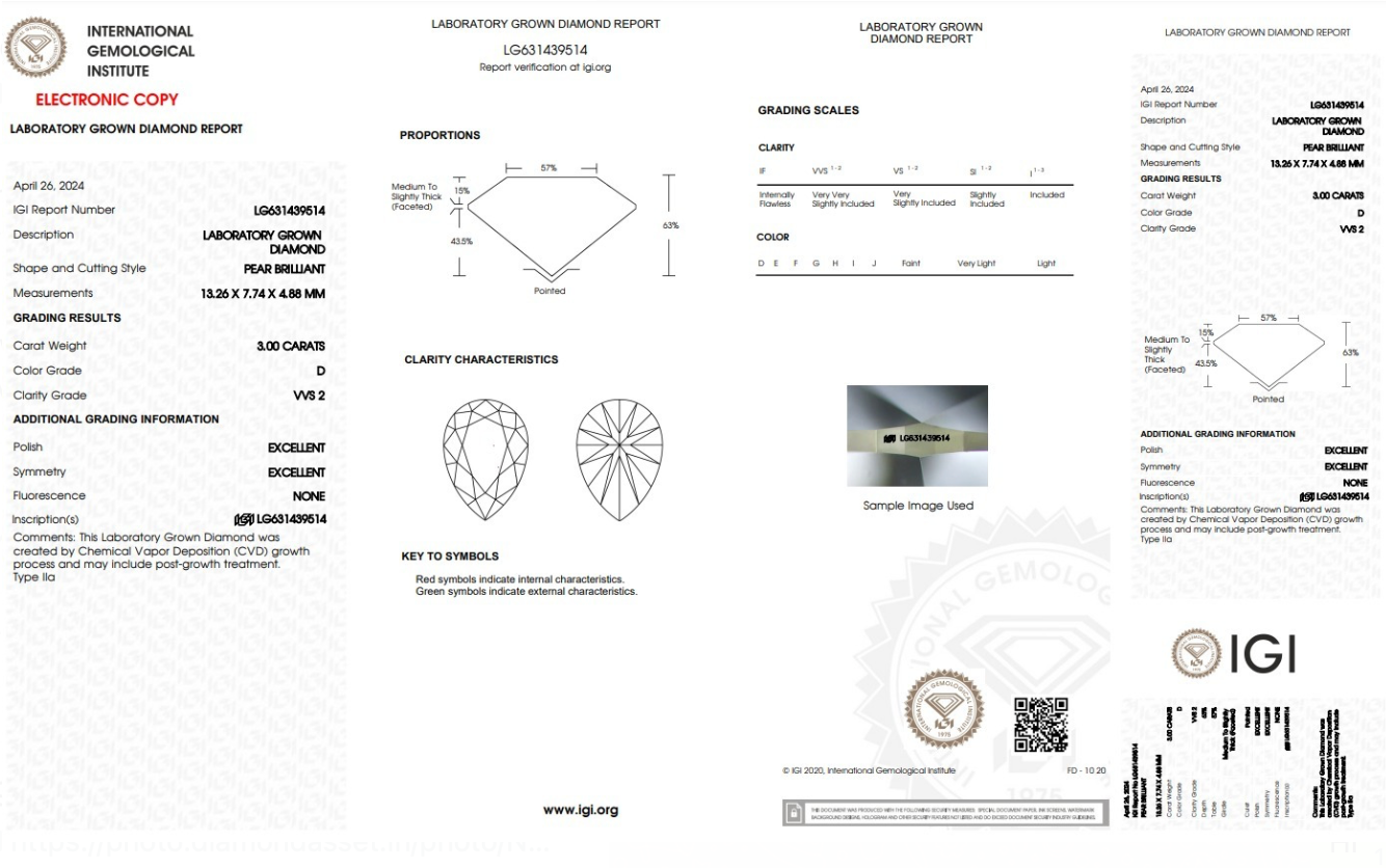 3.00 ct D VVS2 - PEAR - Lab Grown Diamond (IGI Certified)