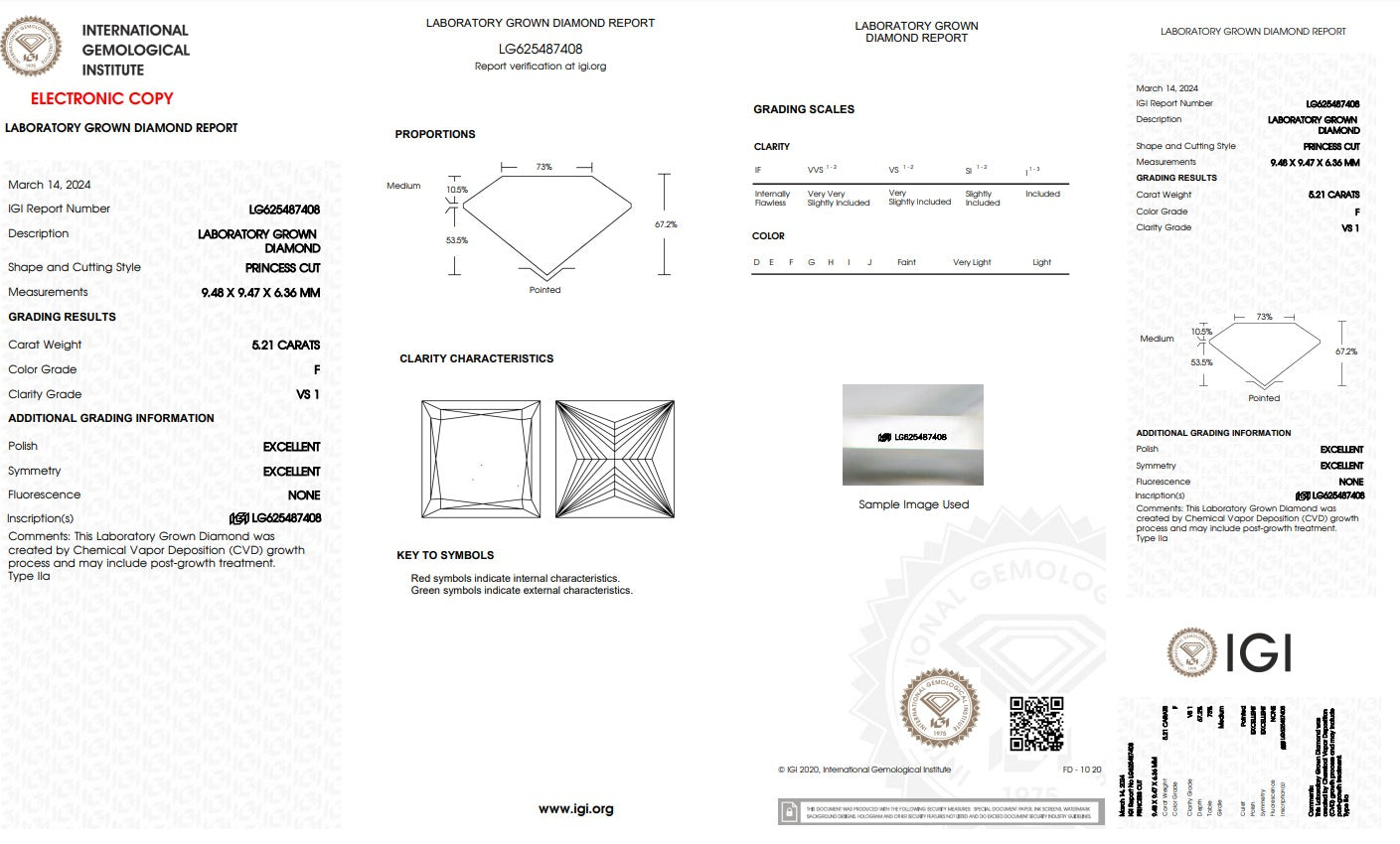 Princess 5.21 ct F VS1 Lab Grown Diamond - IGI Certified