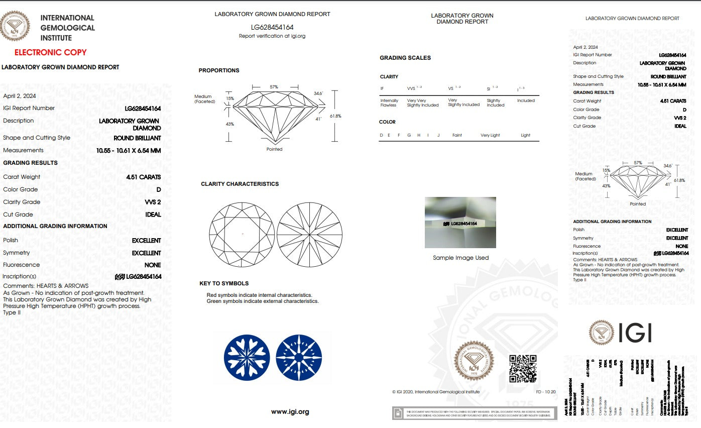 4.5 ct D VVS2 - Round - Lab Grown Diamond (IGI Certified)