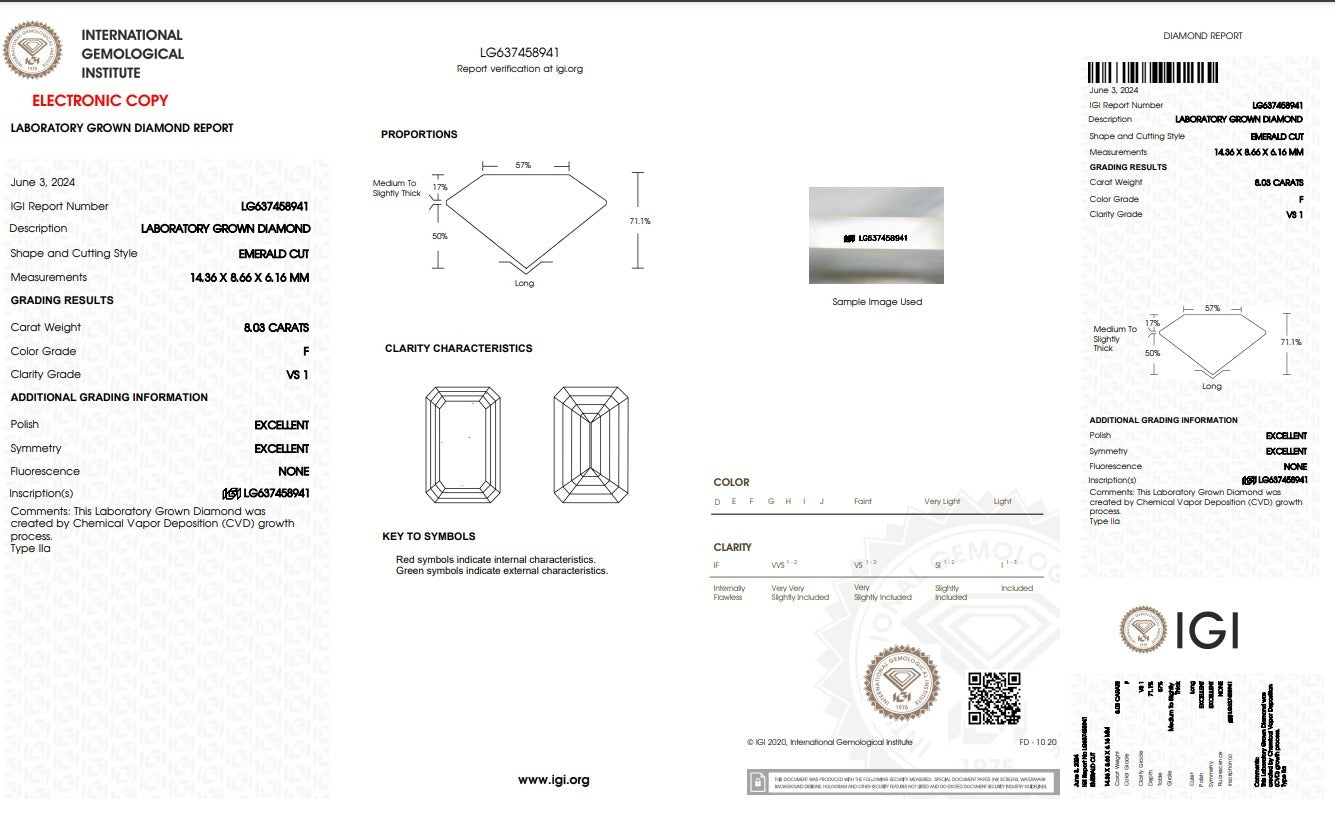 8.03 ct F VS1 - Emerald - Lab Grown Diamond (IGI Certified)