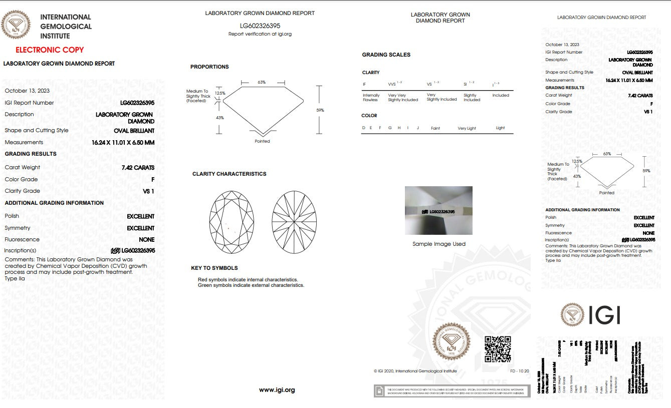 7.42 ct F VS1 - Oval - Lab Grown Diamond (IGI Certified)