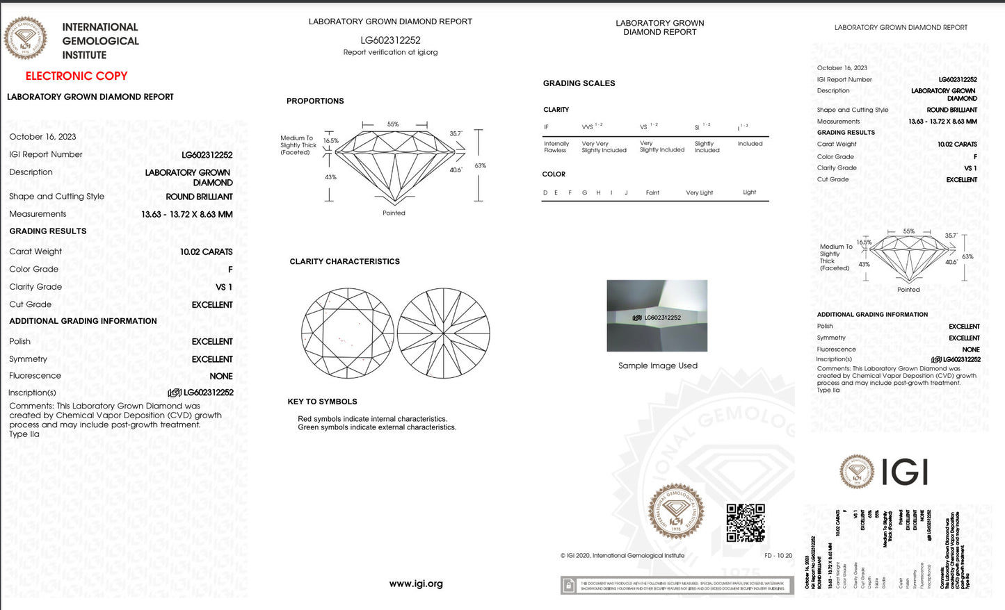 10.02 ct F VS1 Lab Diamond - Round - IGI Certified