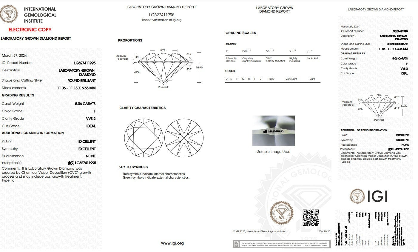 5.06 ct F VVS2 Lab Grown Diamond - Round - IGI Certified