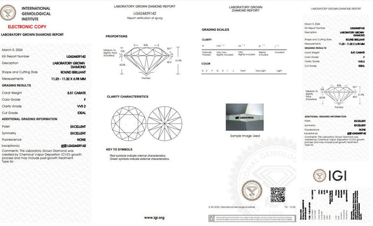 5.51 ct F VVS2 Lab Grown Diamond - Round - IGI Certified