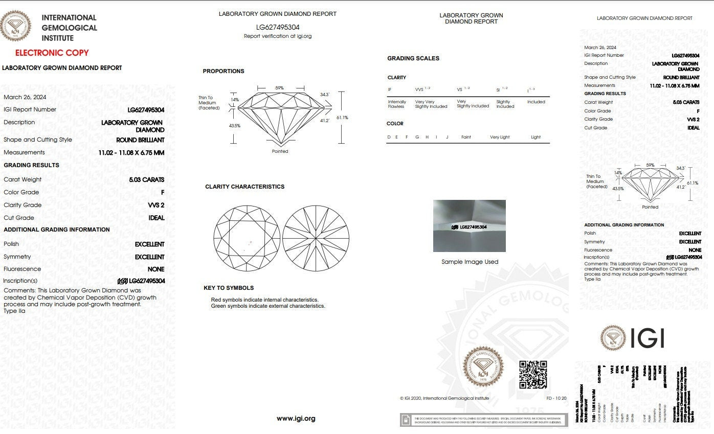 5.03 ct F VVS2 (Pair) Lab Grown Diamond - Round - IGI Certified